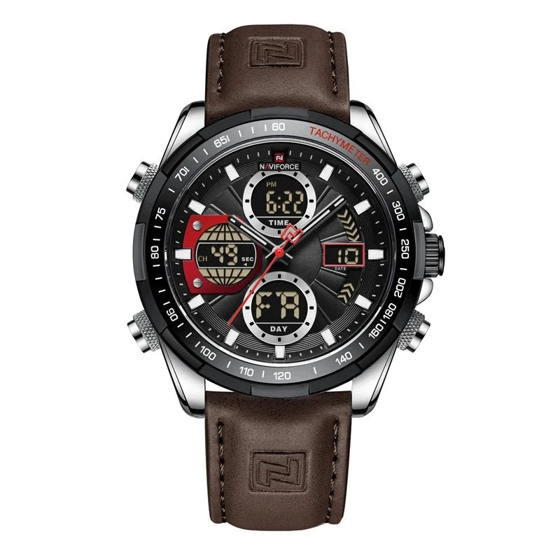Aether Voyage men's quartz watch with a brown leather band and black dial, featuring both analog and digital displays, luminous hands, and chronograph functions.