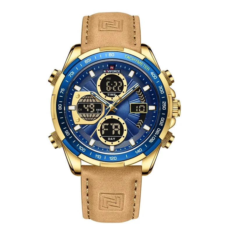 Aether Voyage men's quartz watch with gold case, blue dial, and tan leather band. Features luminous hands, chronograph, and digital display showing time, date, and day.