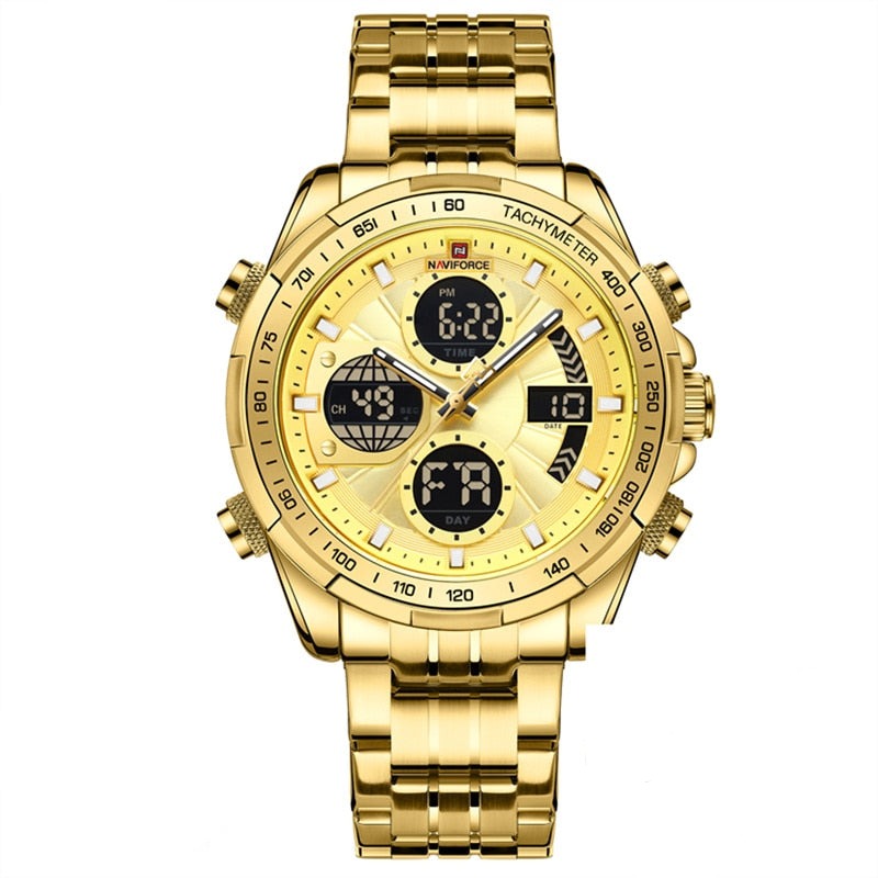 Aether Voyage men's quartz watch with a gold metal band and gold dial, featuring both analog and digital displays, luminous hands, and chronograph functions.