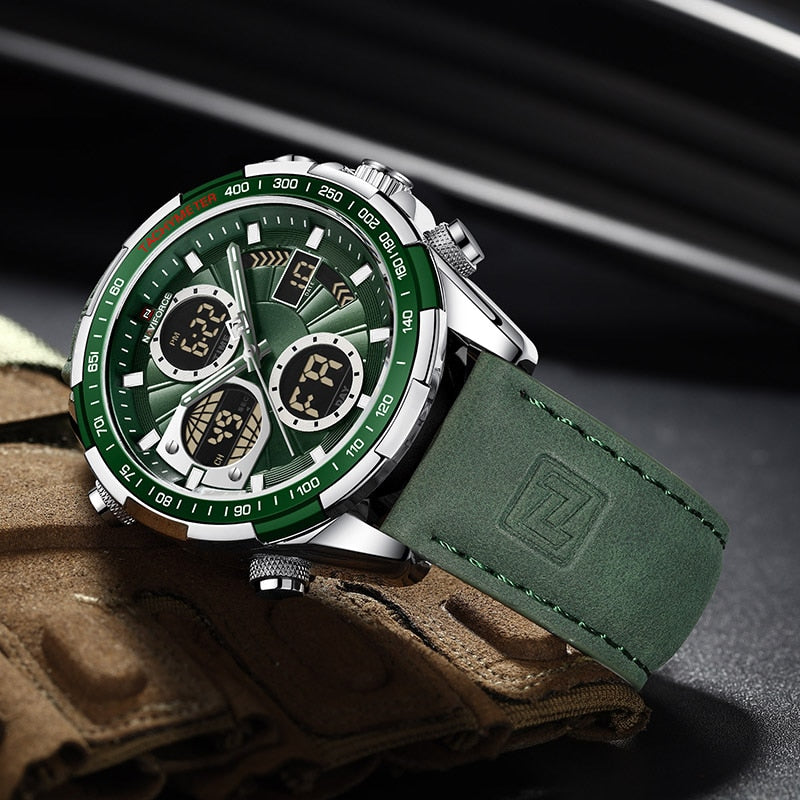An angled close-up of an Aether Voyage men's quartz watch with a silver case, green dial, and green leather band, resting on brown tactical gloves. The watch highlights its detailed dial, chronograph sub-dials, and luminous markers.