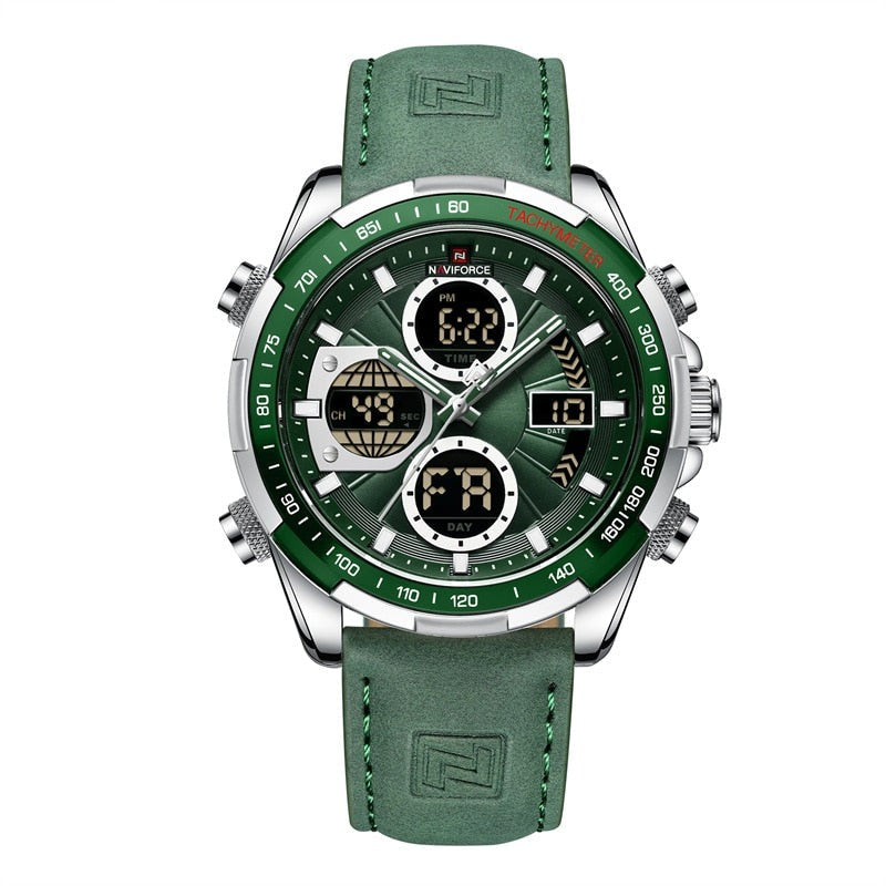 Aether Voyage Men's Quartz Watch with silver case, green dial, and green leather band, shown in a close-up overhead view. The watch features a digital display showing 6:22 time, FR day, and 10 date, along with chronograph subdials and a tachymeter bezel.