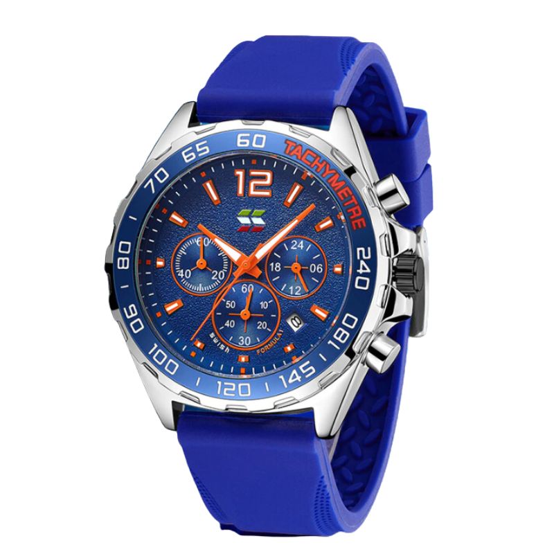 Apex Dusk men's quartz watch with luminous hands and date display, featuring a blue dial with orange accents and a blue silicone strap, presented on a white background.