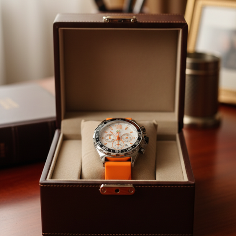 Apex Dusk men's quartz watch with luminous hands and date display, silver case, white dial, and orange silicone strap, displayed in an open brown leather watch box on a beige cushion.