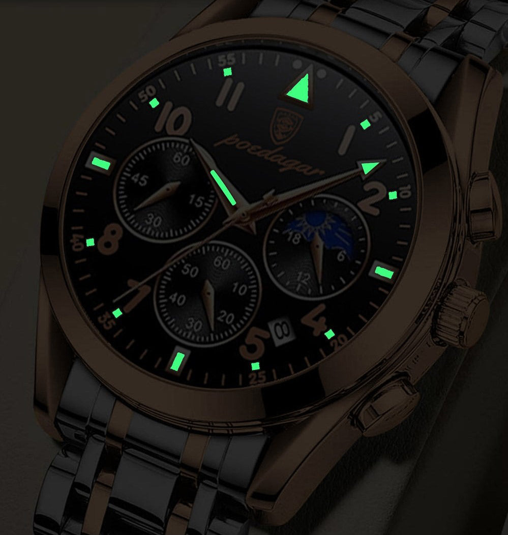 Men's Aventadori Collection chronograph watch in rose gold and black stainless steel, featuring a black dial with glowing luminous hands and hour markers.