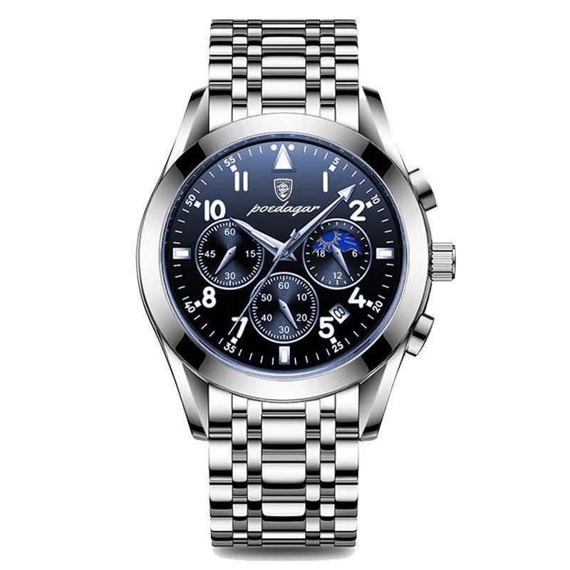 Men's Aventadori Collection chronograph watch in silver stainless steel with a black dial, blue sub-dials, and a metal link bracelet.