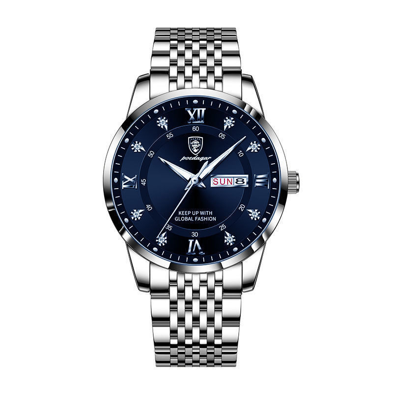 Aventadori Luxe Men's Watch, silver-blue variant, featuring a stainless steel band, a deep blue analog dial with Roman numerals, minute markers, and a date display. The watch is presented on a clean white background.