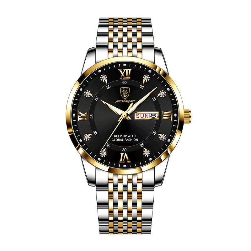 Front view of the Aventadori Luxe men's watch, featuring a gold and silver stainless steel band, black analog dial with Roman numerals, and a date function, isolated on a white background. Ideal for casual wear.