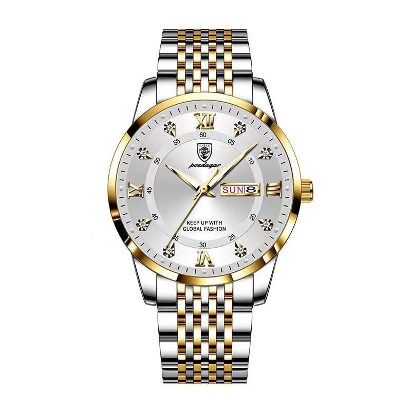 Aventadori Luxe men's watch in a gold and silver stainless steel finish, showcasing a white analog dial with Roman numerals, date function, and luminous hands, presented on a clean white background.