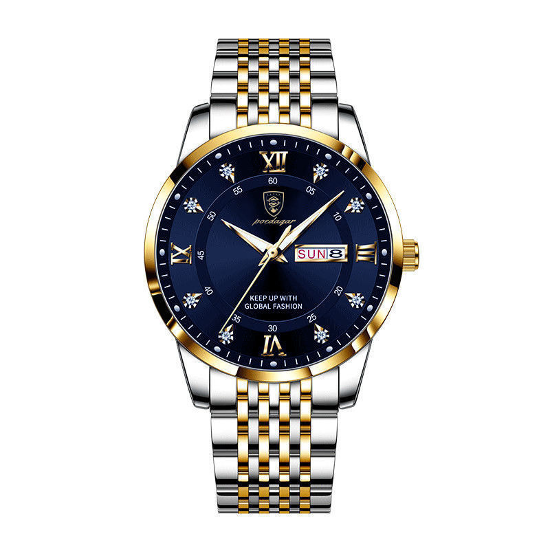 Aventadori Luxe men's watch with analog display, two-tone stainless steel gold and silver band and case, blue dial, Roman numerals, and date function showing SUN 8.