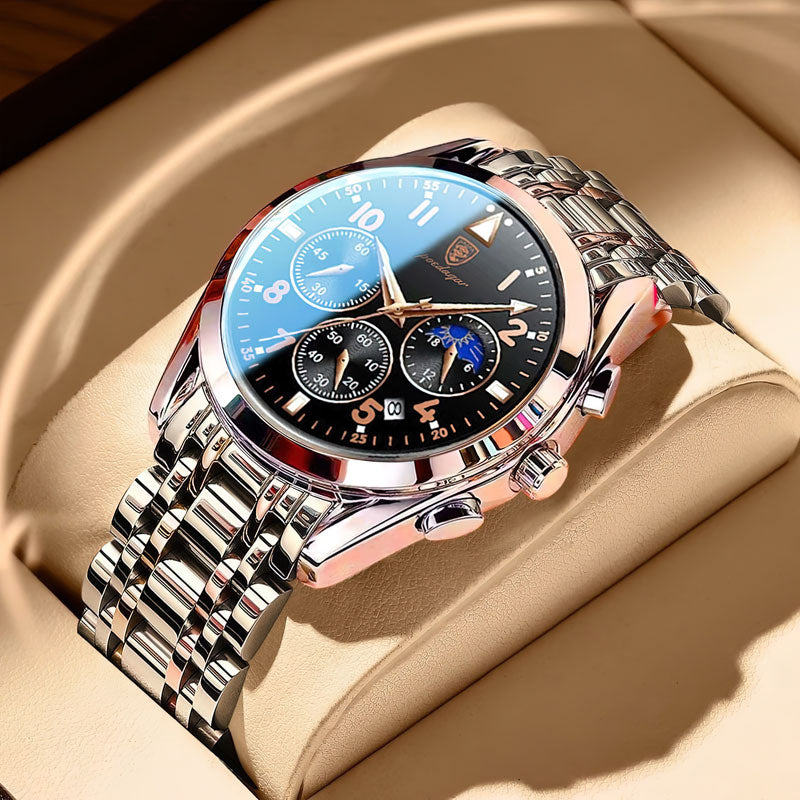Aventadori men's chronograph watch with rose gold accents and stainless steel band, featuring a black dial, three sub-dials, and a moon phase indicator, displayed on a padded surface.