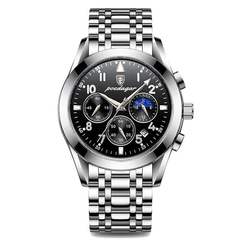 Front view of the Aventadori men's chronograph watch with silver stainless steel band, black dial, three sub-dials, and a moon phase indicator, on a white background.