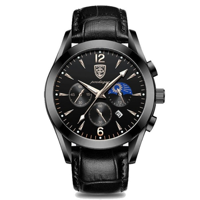 Aventadori men's watch, all black variant, featuring a black case, black dial with chronograph subdials and moon phase, and a black crocodile-patterned leather strap, isolated on a white background.