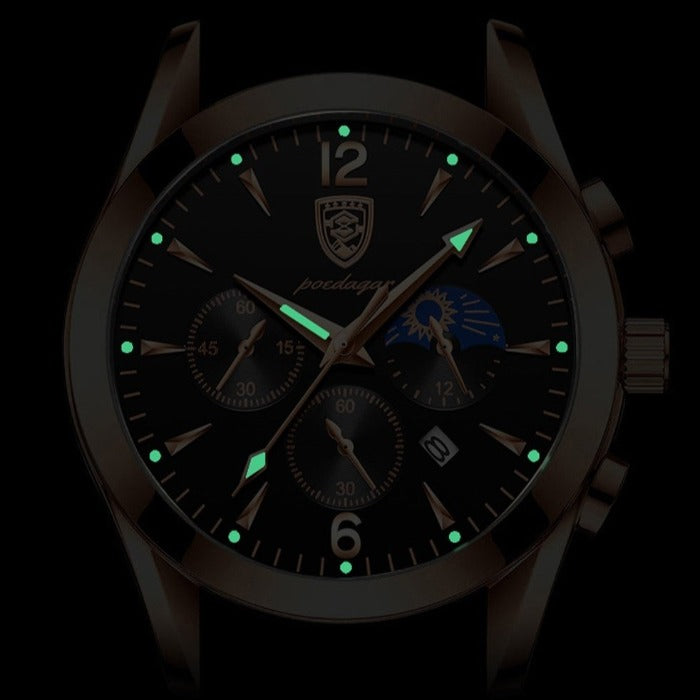 Aventadori men's watch in rose gold with a black leather strap, showing the black chronograph dial with luminous green glowing hands and hour markers in the dark.