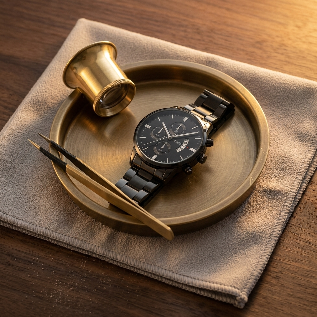 4 o'clock date black Alloy Round Analog Digital Calendar Screw-Down Crown Steel Band Quartz Watch lifestyle scene on watchmaker brass tray close-up with warm light