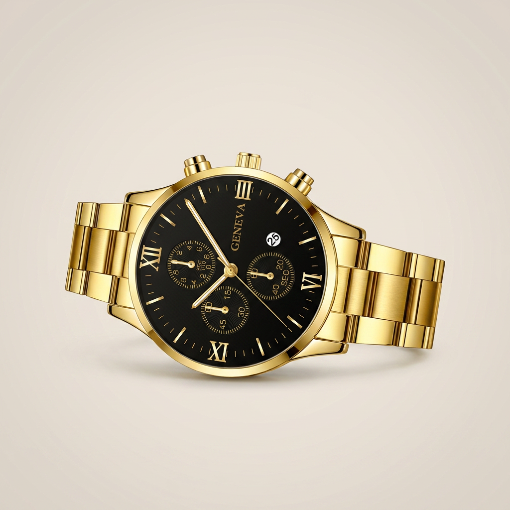 4 o'clock date black Alloy Round Analog Digital Calendar Screw-Down Crown Steel Band Quartz Watch side profile showing steel bracelet and round case