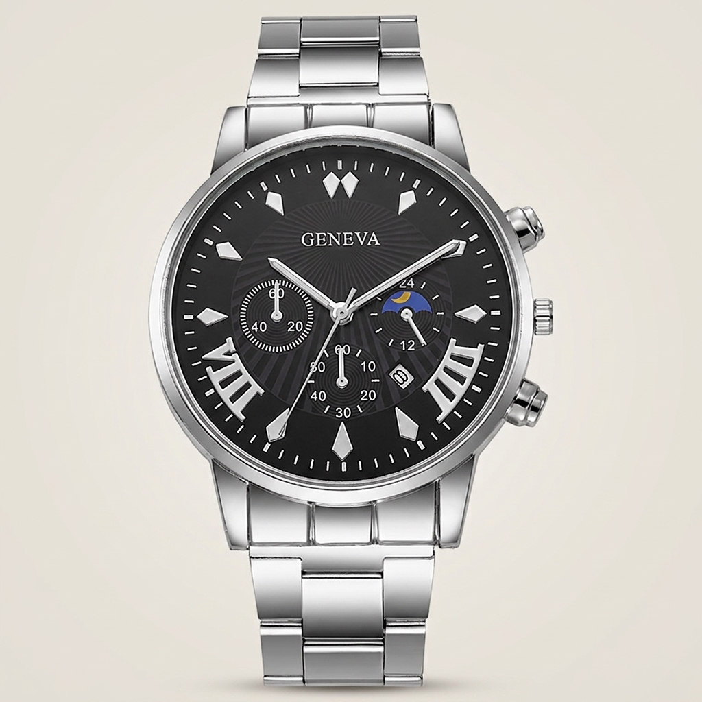6 o'clock date gold black Alloy Round Analog Digital Calendar Screw-Down Crown Steel Band Quartz Watch eye-level wide angle showing analog digital display