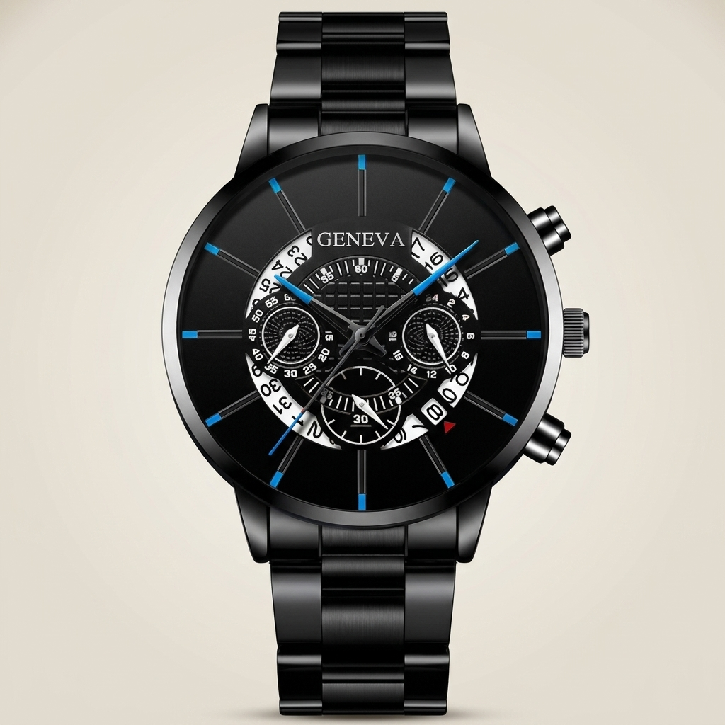 Hollow black blue Alloy Round Analog Digital Calendar Screw-Down Crown Steel Band Quartz Watch three-quarter angle showing steel bracelet and analog digital display