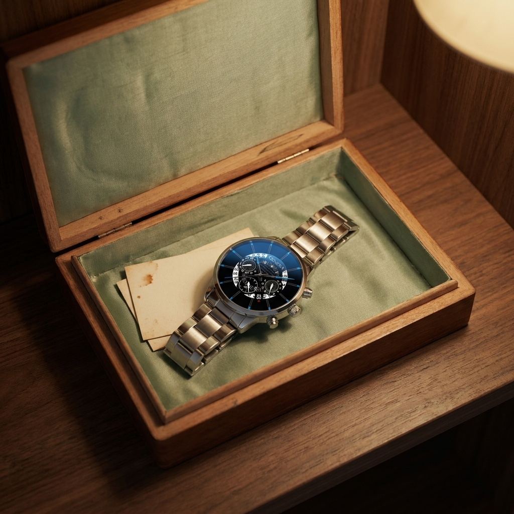 Hollow silver blue Alloy Round Analog Digital Calendar Screw-Down Crown Steel Band Quartz Watch lifestyle scene on cigar box lid open with silk fabric close-up