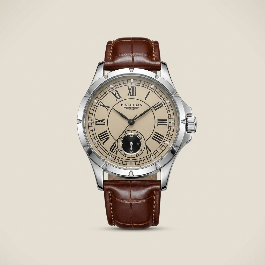 Alloy round high-strength mineral glass quartz analog men’s watch with leather strap shown front view featuring 41mm alloy case in ambient light