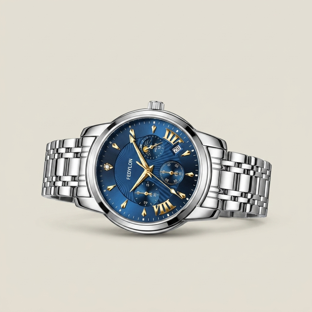 Silver blue dial Alloy Round Quartz watch front view showing luminous hands under mineral glass crystal with 40mm round case