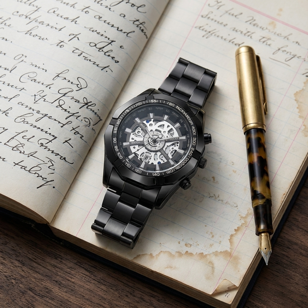 Black case wristwatch with silver skeleton dial placed on open foxed paper ledger under ambient light showing calendar and dial details