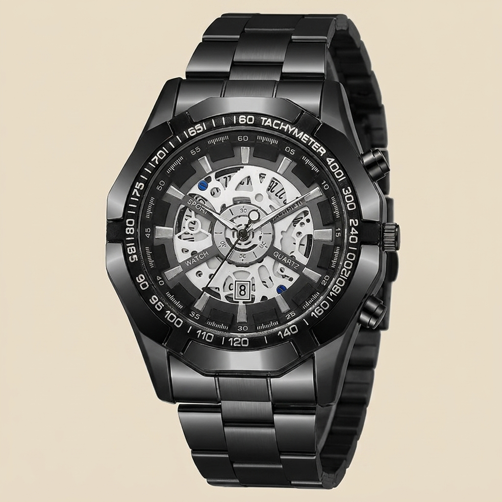 Black case wristwatch with silver skeleton dial shown at three-quarter angle highlighting stainless steel bracelet with brushed and polished finish