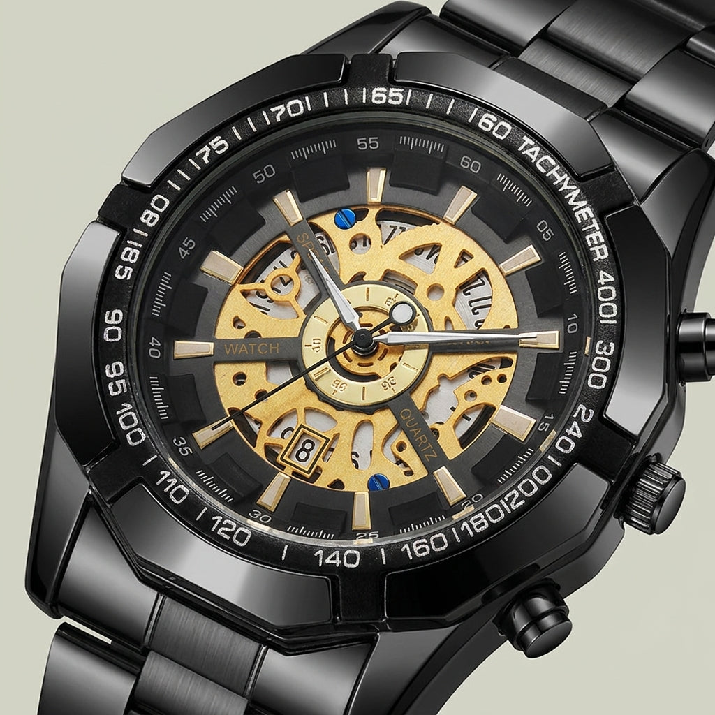 Close-up front detail of silver case wristwatch with gold skeleton dial showing organic glass crystal and calendar date window