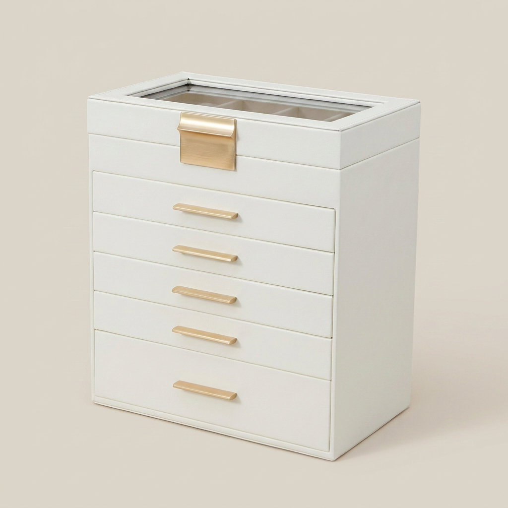 Black PU leather sliding drawer jewelry box shown front view with solid black finish, glass top, and brass hardware