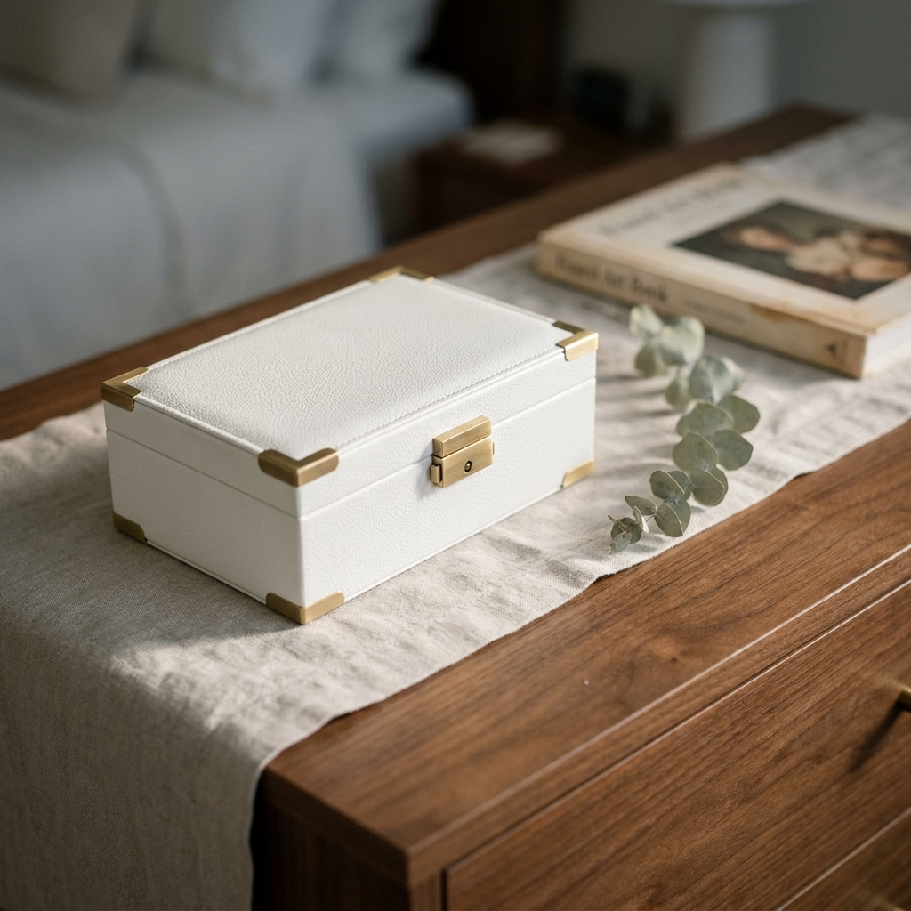 Black PU leather sliding drawer jewelry box on wooden dresser in bedroom with soft natural light