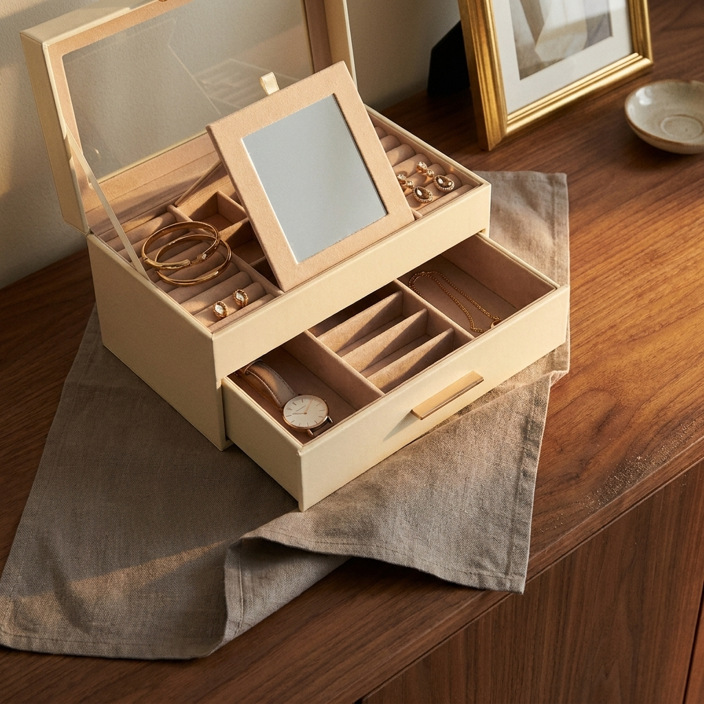 Close-up lifestyle image of black PU leather jewelry box styled trays with jewelry on bedroom surface