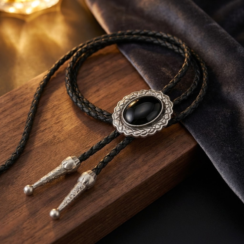 Bolo tie with black cord and silver clasp on a wooden surface
