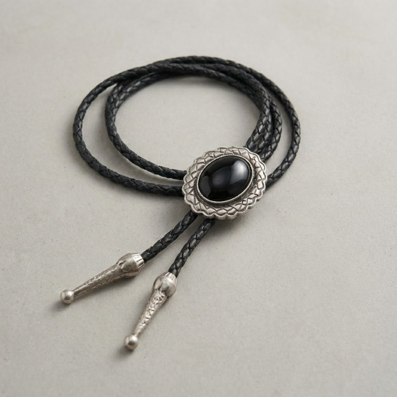 Black leather bolo tie with silver and black accent on a light gray background