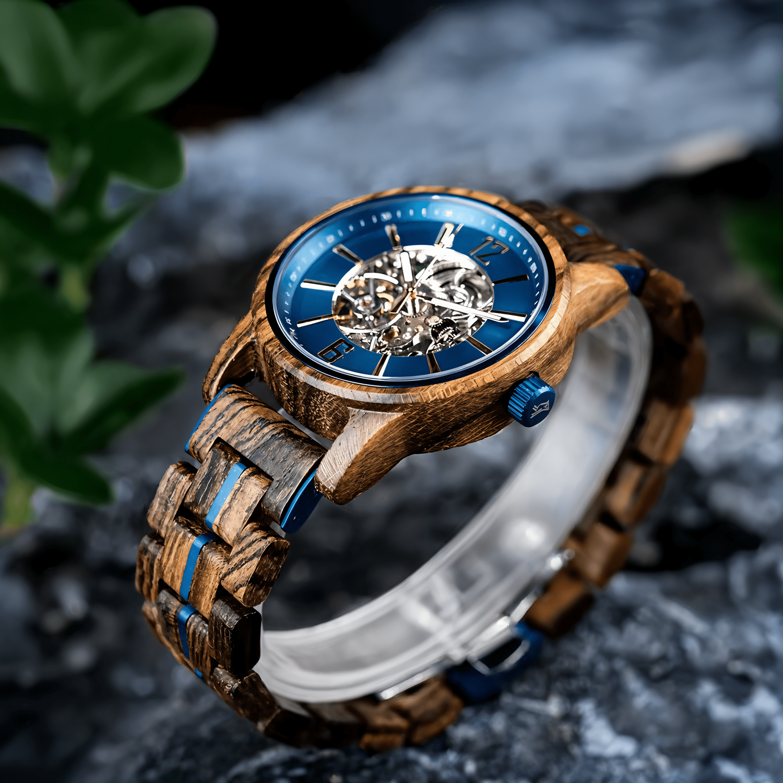 Cascadia Blue men's wooden watch with stainless steel accents, featuring a blue dial and wooden links with blue stripes, displayed on a clear stand against a dark, textured background.