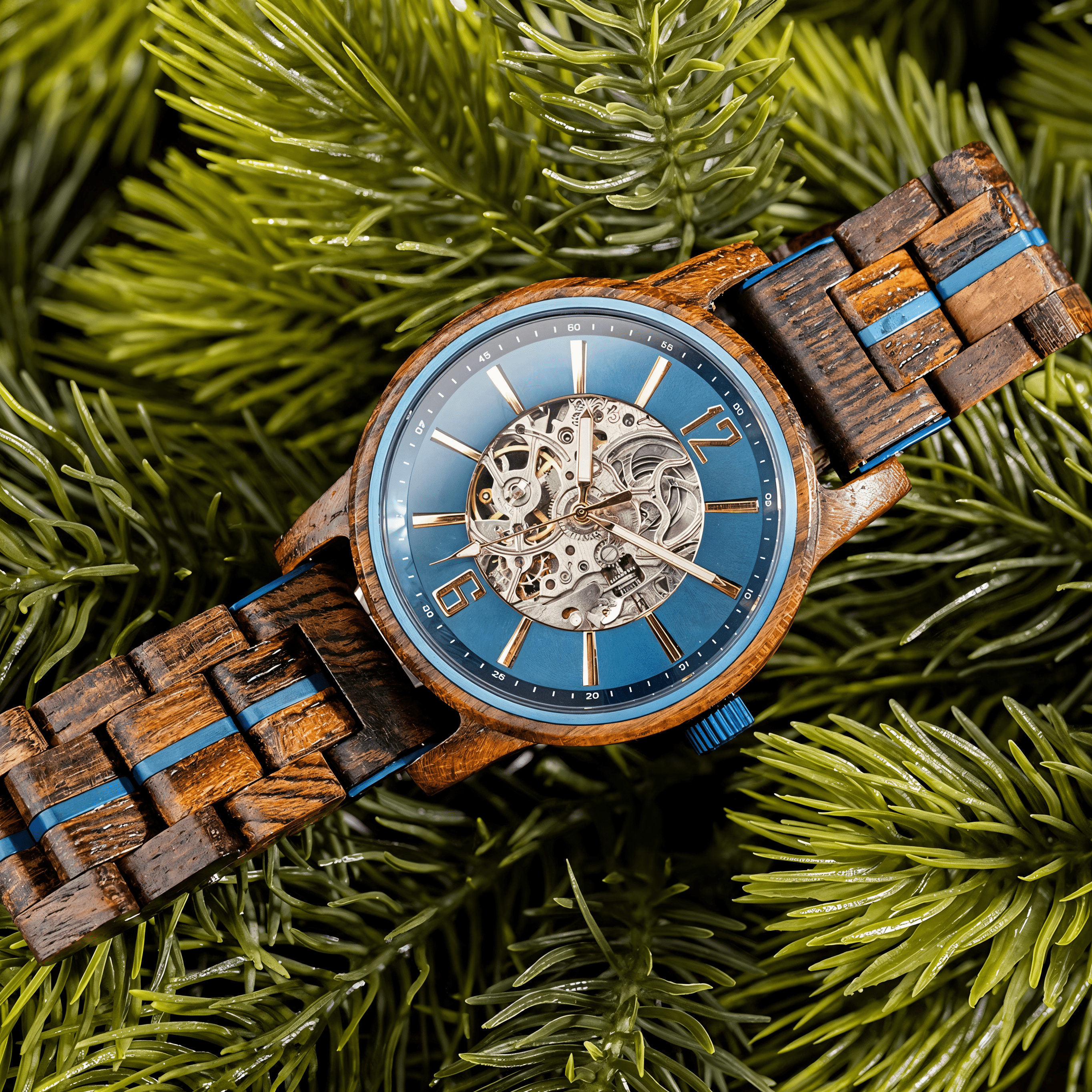Overhead view of the Cascadia Blue men's wooden watch with stainless steel accents, showcasing its blue skeleton dial and dark wood strap with blue details, laid flat on green pine needles.