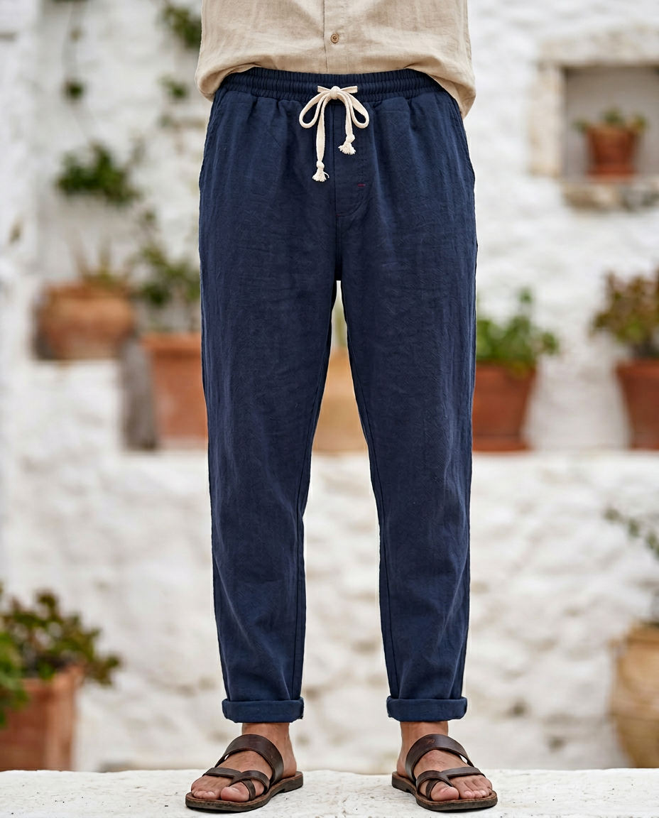 Men's Coastal Breeze Trousers in navy linen, featuring a drawstring waist and cuffed ankles, styled with brown sandals in an outdoor setting.