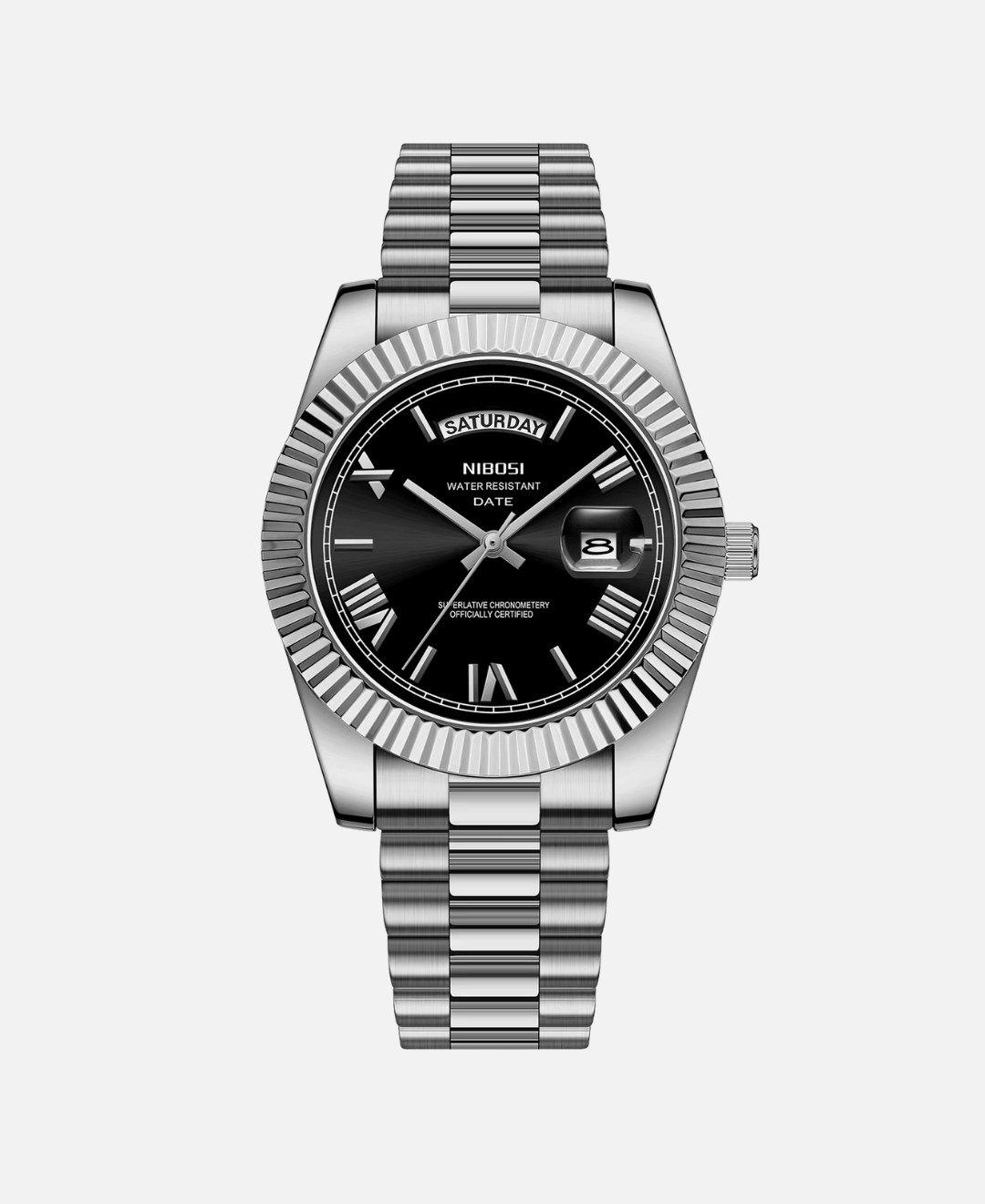 Dateday Classic Watch with stainless steel case, black dial, and silver metal strap. Features day and date display.