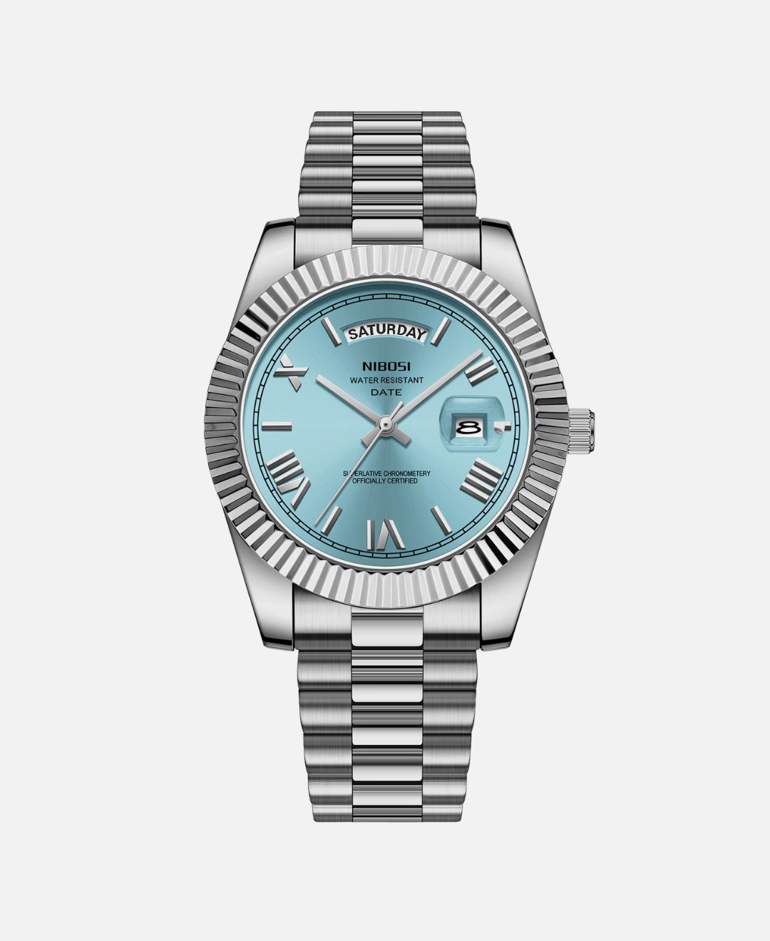 Dateday Classic Watch with stainless steel case, light blue dial, and silver metal strap. Features day and date display.