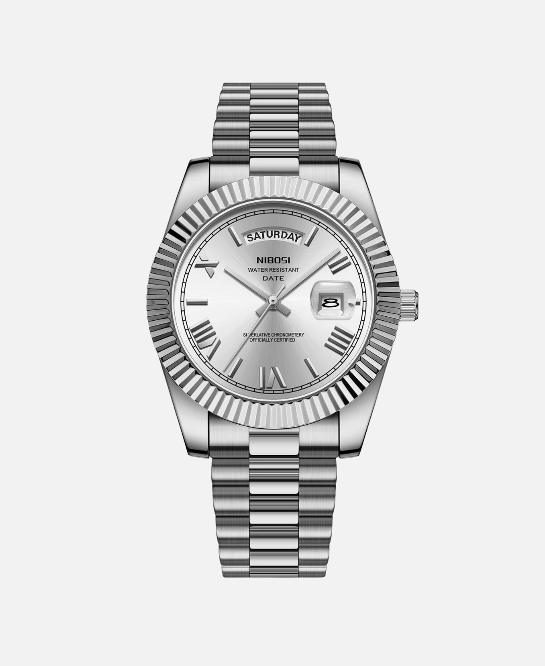Dateday Classic Watch with silver stainless steel case, white dial, and silver metal strap. Features day and date display, Roman numerals, and fluted bezel.