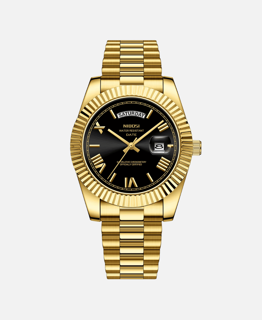 Dateday Classic Watch with gold-tone stainless steel case, fluted bezel, black dial, Roman numerals, day and date display, and a matching metal bracelet.
