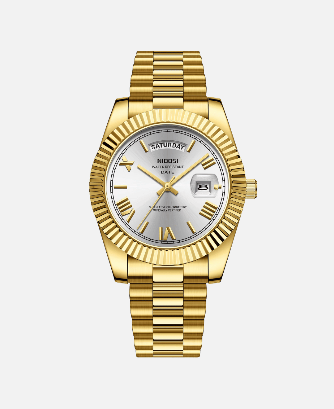 Dateday Classic Watch with gold-tone stainless steel case, fluted bezel, white dial, Roman numerals, day and date display, and a matching metal bracelet.
