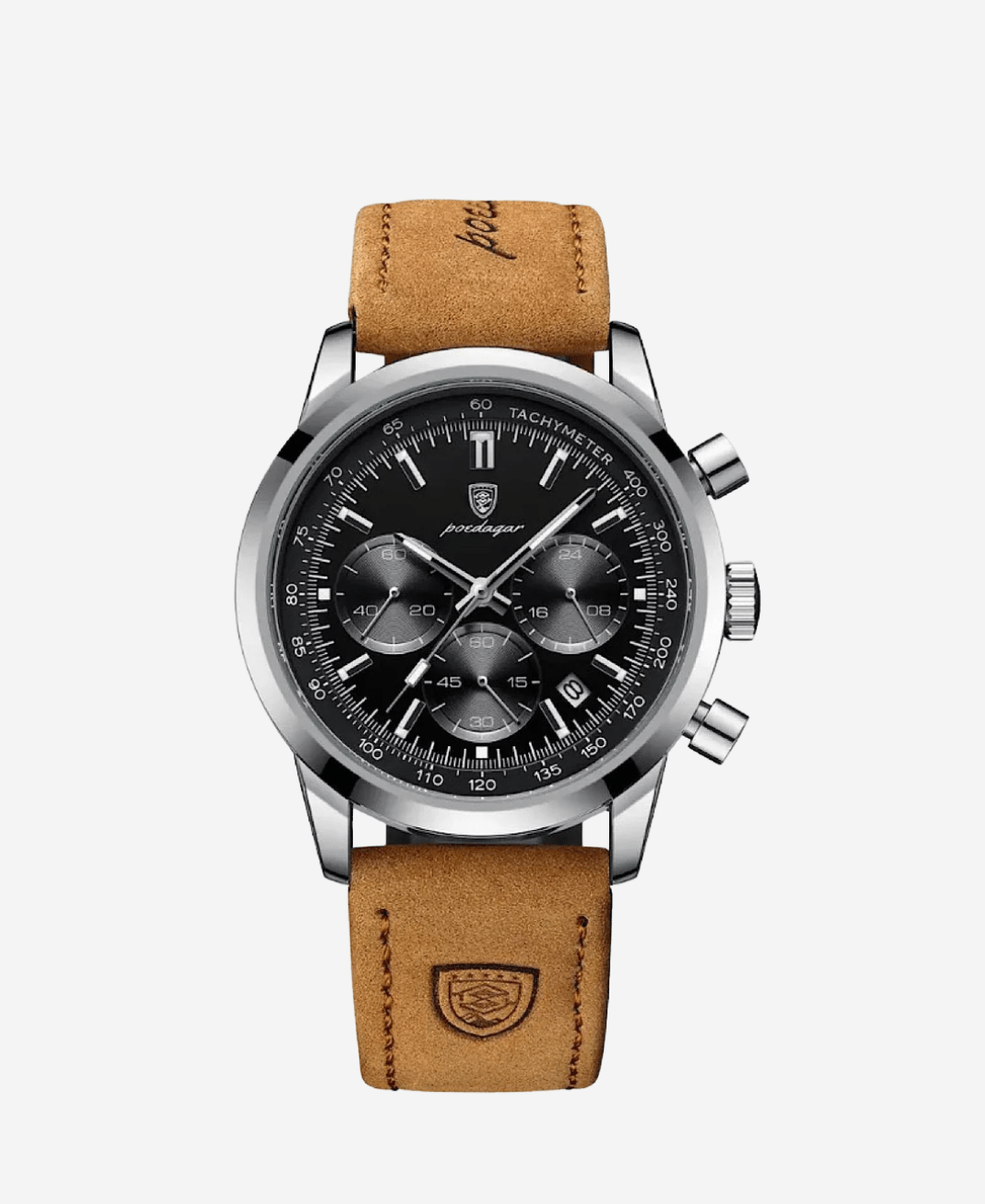 A close-up view of the Eclipse Smartwatch featuring a black dial, silver stainless steel case, and a brown genuine leather strap. The watch displays three chronograph subdials, a date window, and a tachymeter scale on the bezel.