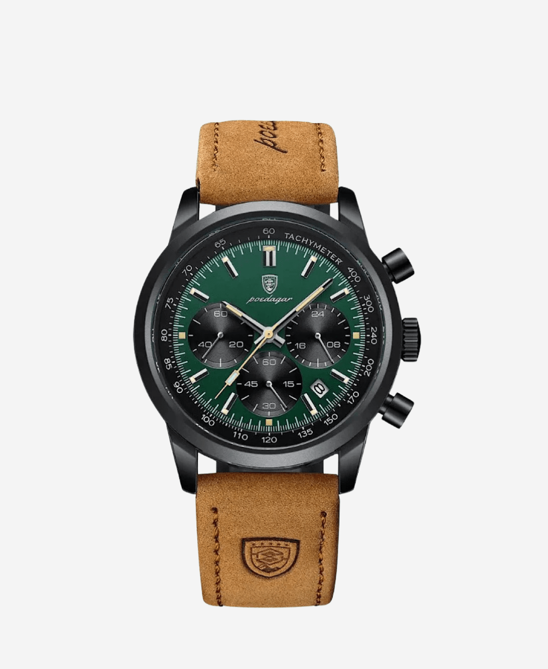 A close-up view of the Eclipse Smartwatch featuring a vibrant green dial, black stainless steel case, and a brown genuine leather strap. The watch displays three chronograph subdials, a date window, and a tachymeter scale on the bezel.