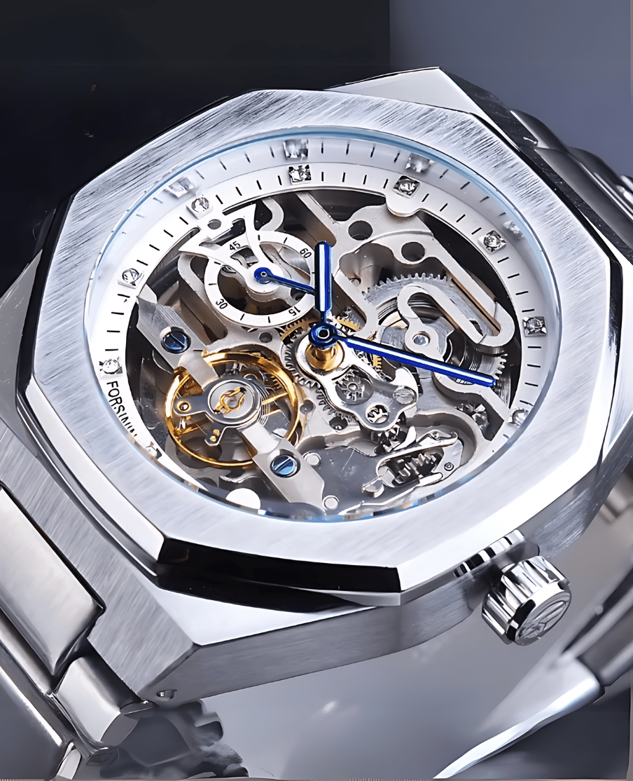 Close-up of the Eidolon Skeleton Art Sculpture, featuring intricate mechanical details, a silver finish, and striking blue accents, showcasing its transparent design and internal artistry.