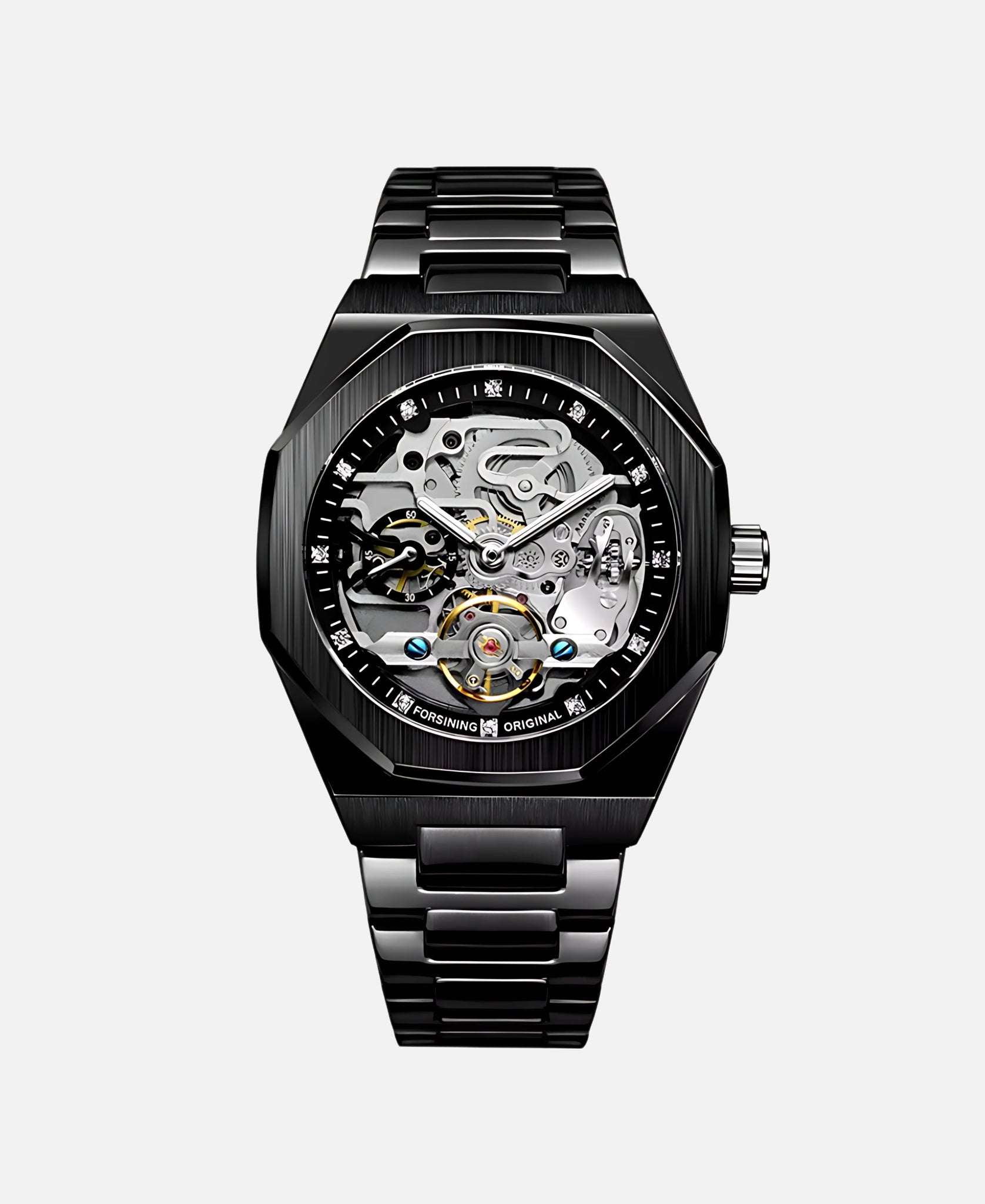 Full view of the Eidolon Skeleton Art Sculpture in a black finish, with a matching base, highlighting its transparent design and intricate internal mechanisms.