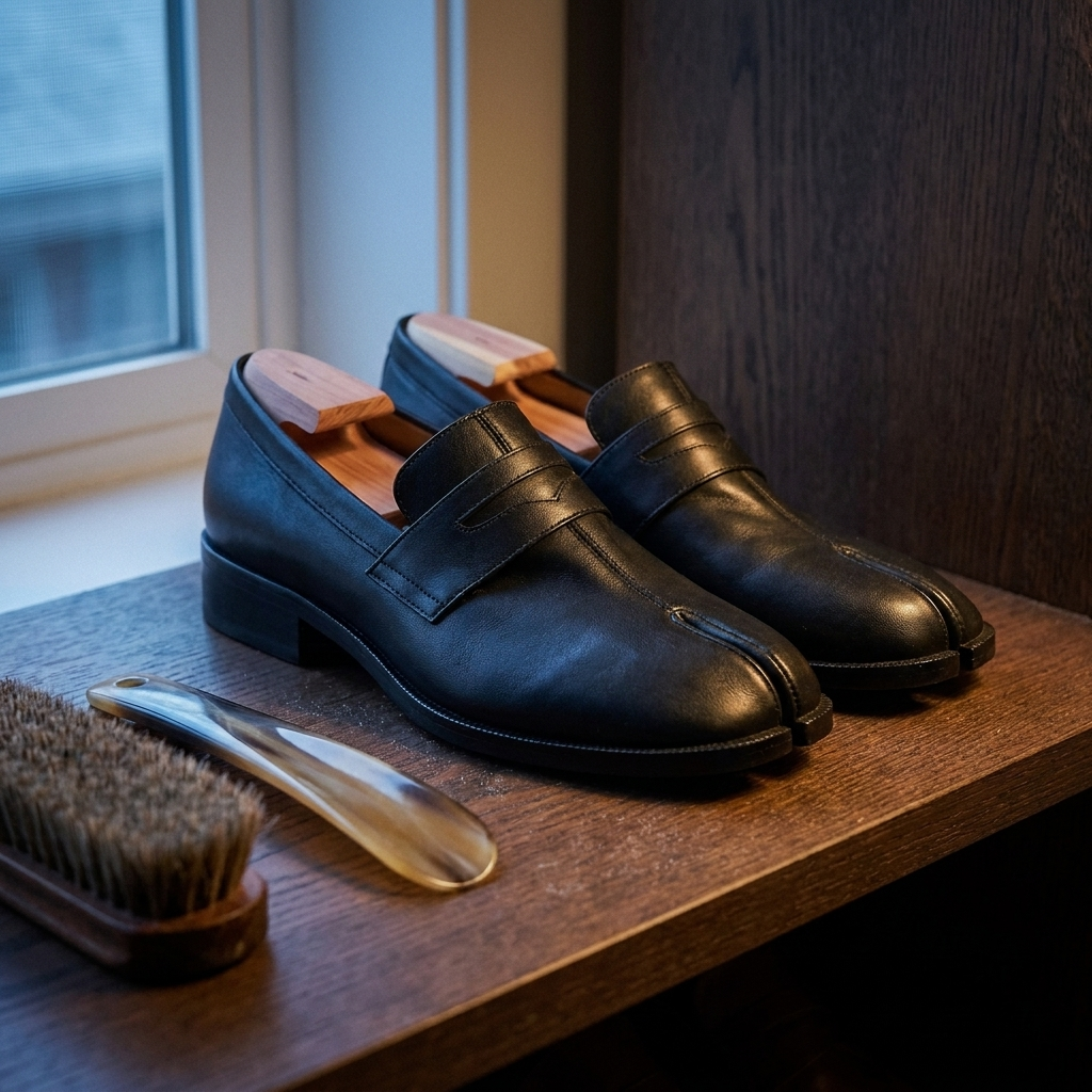 Close-up of glossy microfiber square toe low heel slip-on loafer shoes in black glossy highlighting split toe design with cedar shoe trees