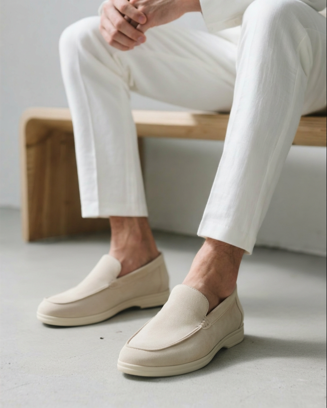 Men's Beige Heritage Luxe Suede Loafers with Classic Stitching, worn with white pants while sitting on a wooden bench.