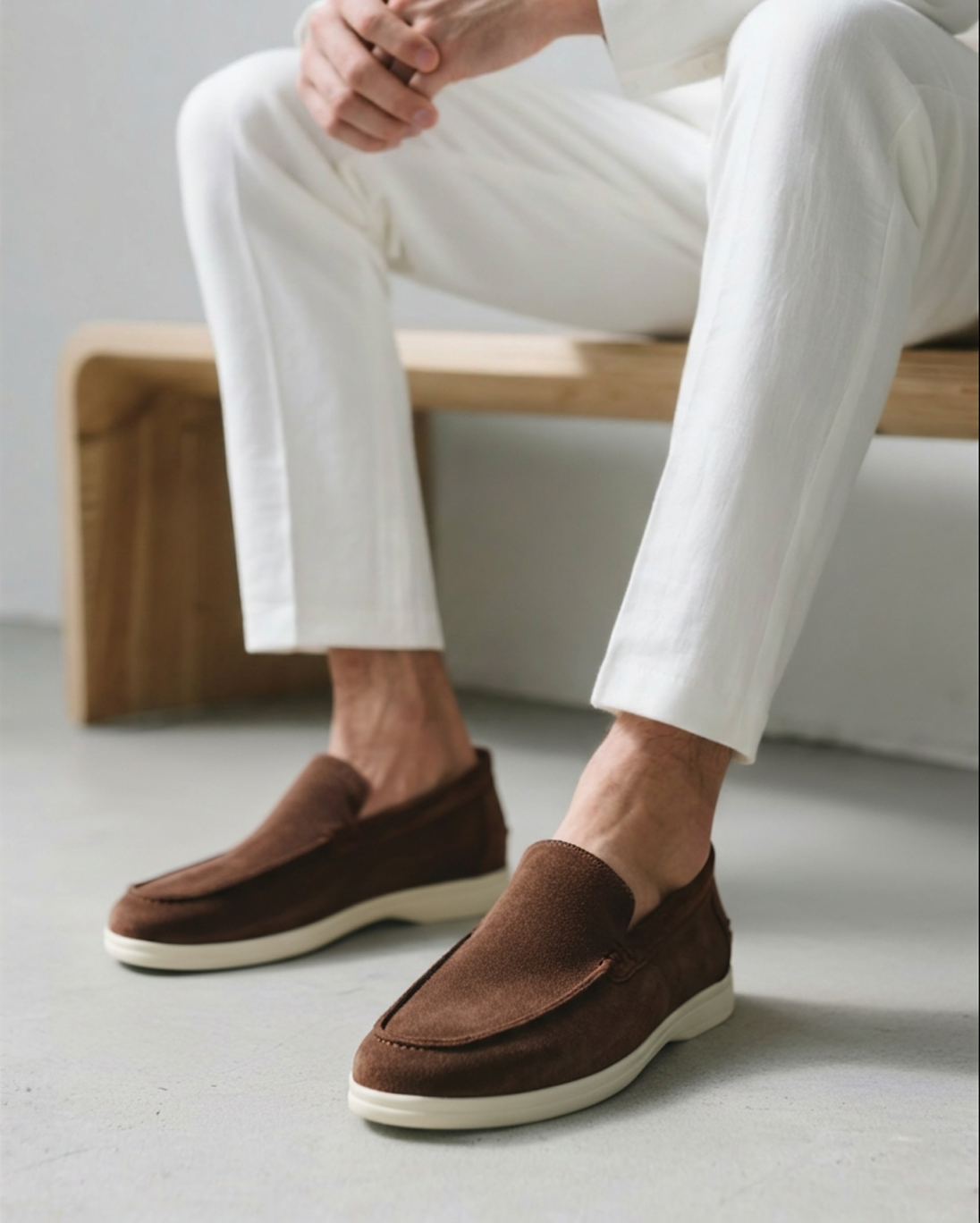 Close-up of a man wearing chocolate brown Heritage Luxe suede loafers with classic stitching and white soles, paired with white pants, sitting on a wooden bench.