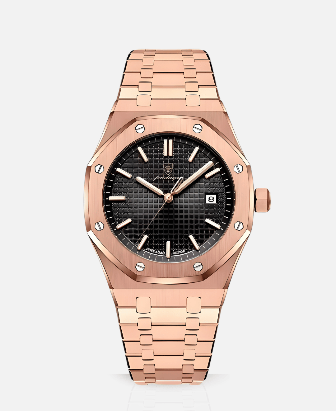A close-up view of a rose gold-colored watch featuring a black textured dial, rose gold hour markers, and a date display at the 3 o'clock position. The watch has a polished metal bracelet and a hexagonal bezel with visible screws.