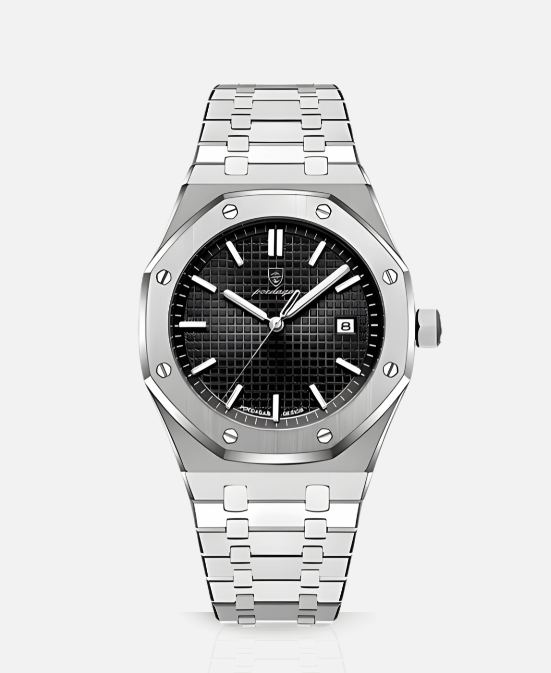 A close-up view of a silver-colored watch featuring a black textured dial, silver hour markers, and a date display at the 3 o'clock position. The watch has a polished metal bracelet and a hexagonal bezel with visible screws.