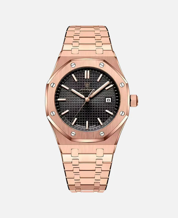 A close-up view of a rose gold-toned watch featuring a black textured dial, a date display at the 3 o'clock position, and a matching rose gold metal strap. The watch has an octagonal bezel with visible screws.